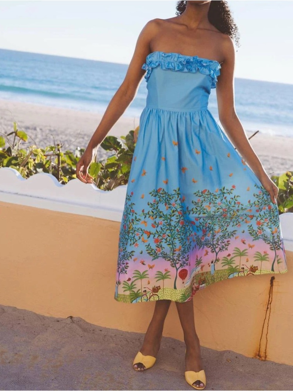 Alden Adair Catherine Strapless Midi Dress Promenade Floral Blue M
